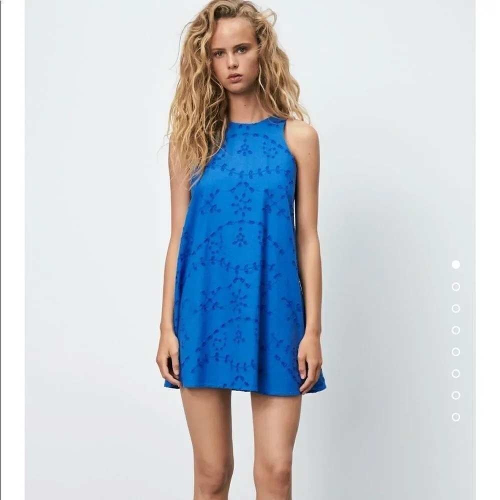 Zara Dress Womens XS Blue Eyelet Embroidered Sleeveless Mini A-Line Boho Summer